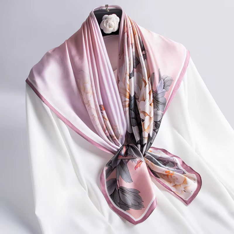 100% Natural Silk Square Scarf Women Luxury Designer Print Satin Head Scarf Large Bandana Pure Silk Scarf Echarpe Femme 88X88Cm