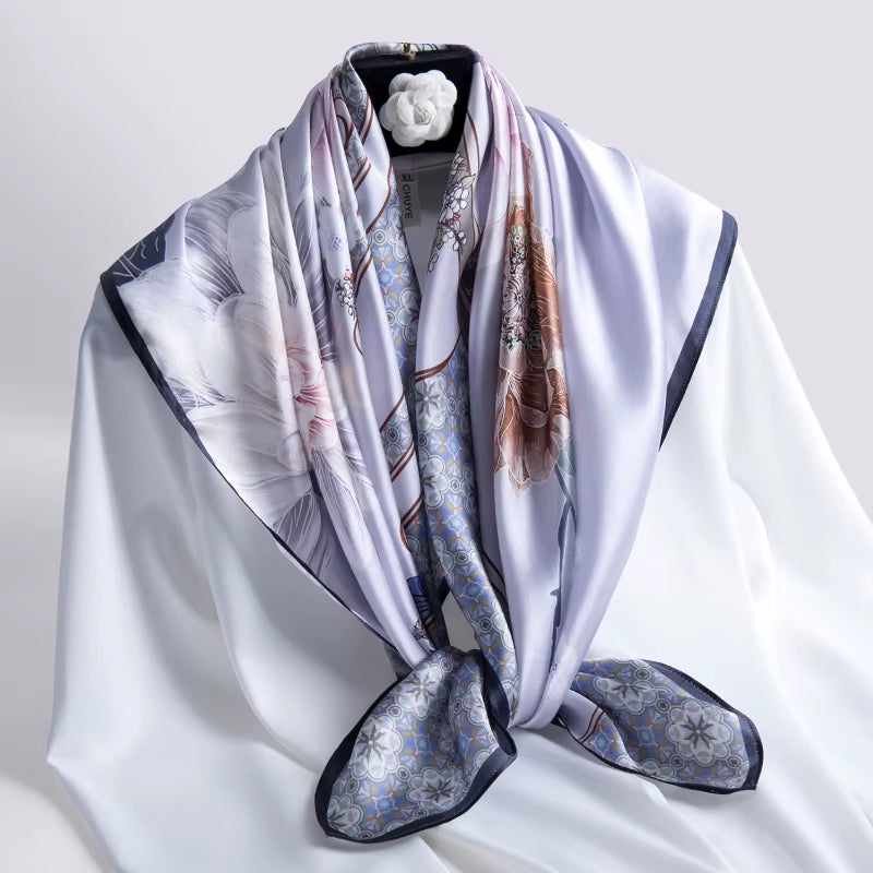 100% Natural Silk Square Scarf Women Luxury Designer Print Satin Head Scarf Large Bandana Pure Silk Scarf Echarpe Femme 88X88Cm