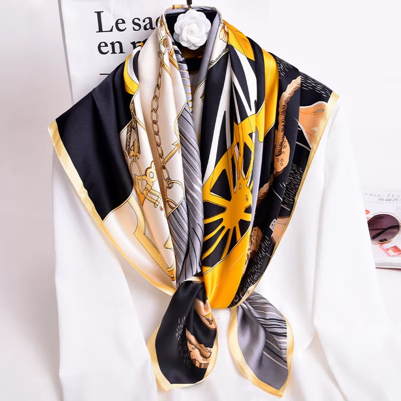 100% Natural Silk Square Scarf Women Luxury Designer Print Satin Head Scarf Large Bandana Pure Silk Scarf Echarpe Femme 88X88Cm