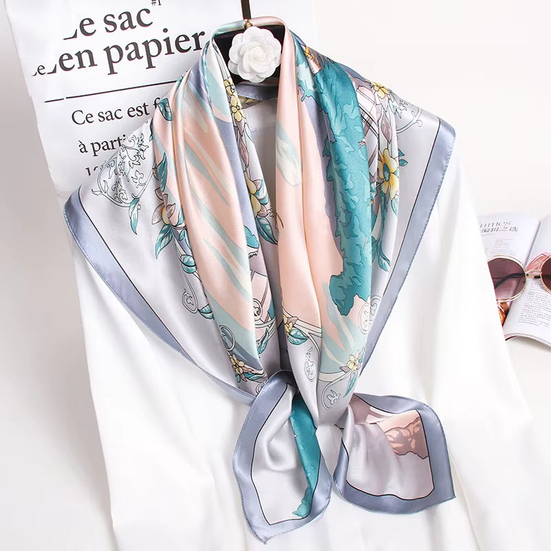 100% Natural Silk Square Scarf Women Luxury Designer Print Satin Head Scarf Large Bandana Pure Silk Scarf Echarpe Femme 88X88Cm