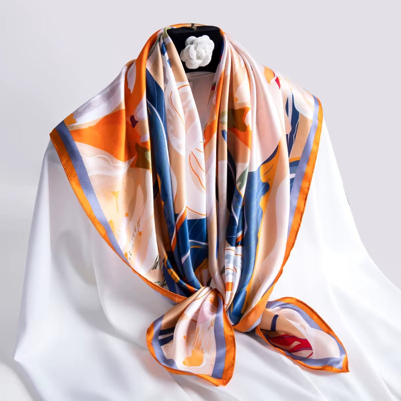 100% Natural Silk Square Scarf Women Luxury Designer Print Satin Head Scarf Large Bandana Pure Silk Scarf Echarpe Femme 88X88Cm