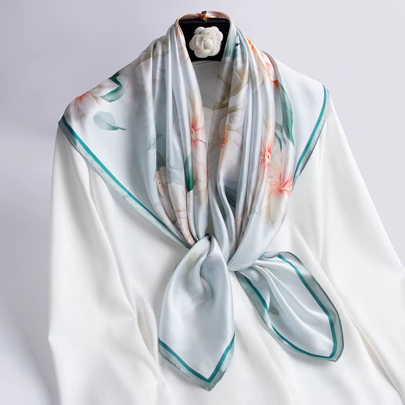 100% Natural Silk Square Scarf Women Luxury Designer Print Satin Head Scarf Large Bandana Pure Silk Scarf Echarpe Femme 88X88Cm