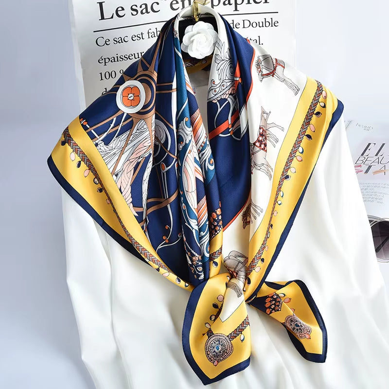 100% Natural Silk Square Scarf Women Luxury Designer Print Satin Head Scarf Large Bandana Pure Silk Scarf Echarpe Femme 88X88Cm