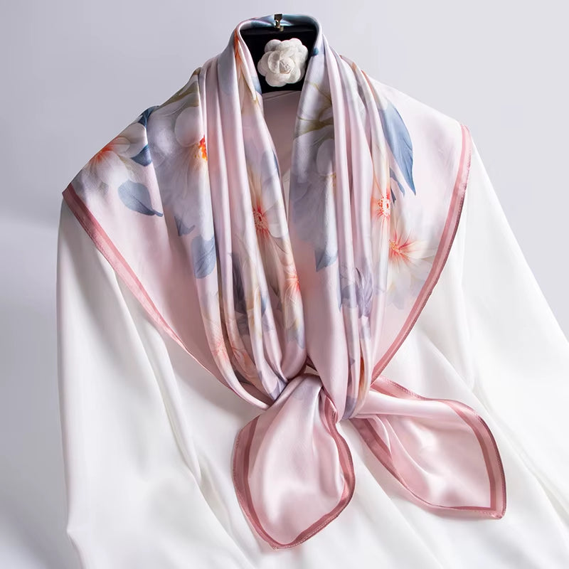 100% Natural Silk Square Scarf Women Luxury Designer Print Satin Head Scarf Large Bandana Pure Silk Scarf Echarpe Femme 88X88Cm