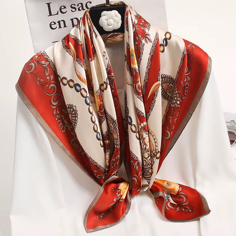 100% Natural Silk Square Scarf Women Luxury Designer Print Satin Head Scarf Large Bandana Pure Silk Scarf Echarpe Femme 88X88Cm