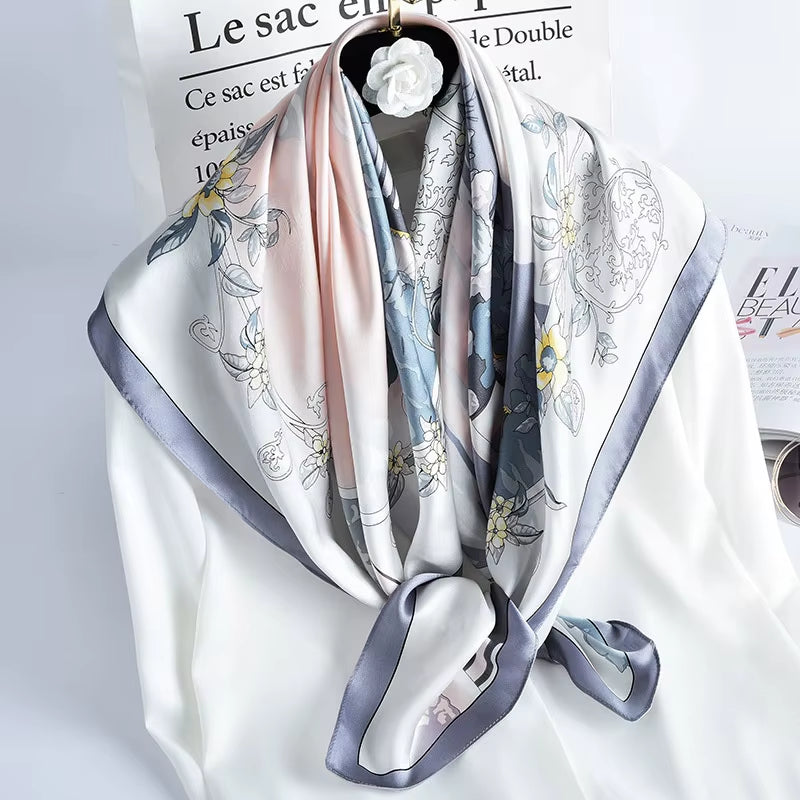 100% Natural Silk Square Scarf Women Luxury Designer Print Satin Head Scarf Large Bandana Pure Silk Scarf Echarpe Femme 88X88Cm