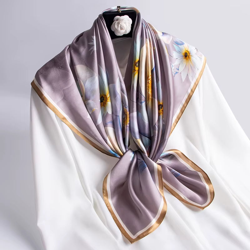 100% Natural Silk Square Scarf Women Luxury Designer Print Satin Head Scarf Large Bandana Pure Silk Scarf Echarpe Femme 88X88Cm