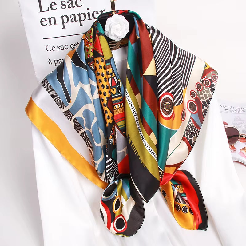 100% Natural Silk Square Scarf Women Luxury Designer Print Satin Head Scarf Large Bandana Pure Silk Scarf Echarpe Femme 88X88Cm