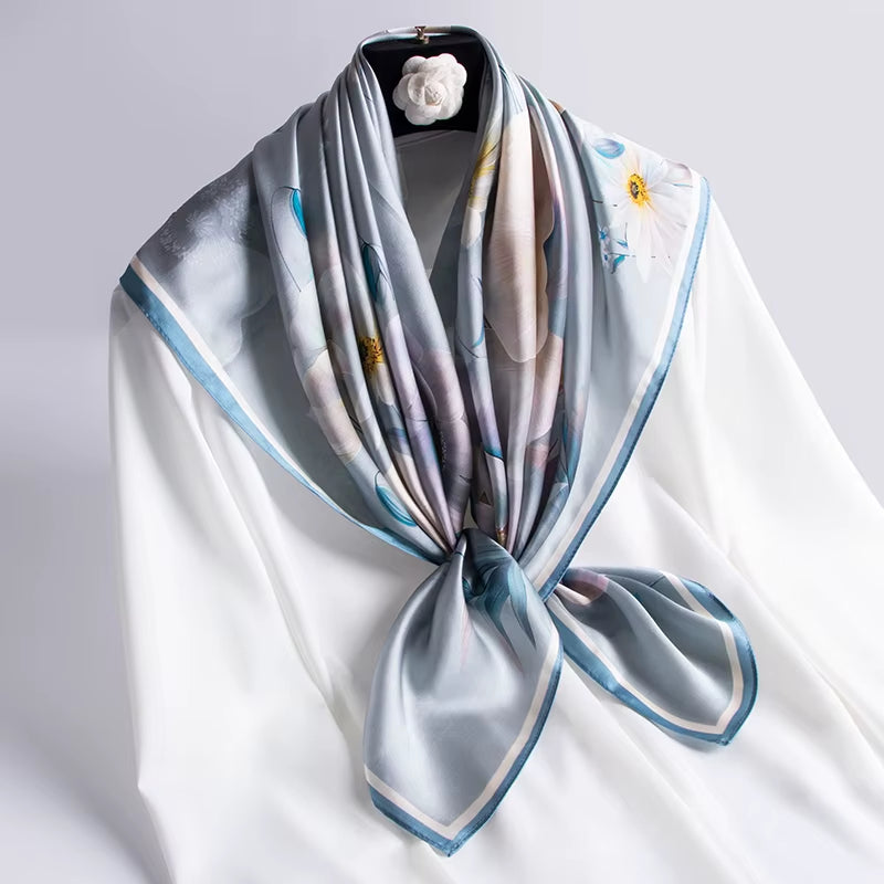 100% Natural Silk Square Scarf Women Luxury Designer Print Satin Head Scarf Large Bandana Pure Silk Scarf Echarpe Femme 88X88Cm