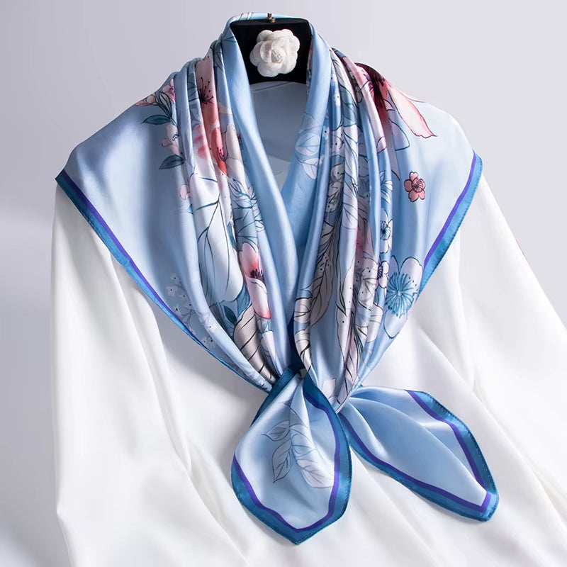 100% Natural Silk Square Scarf Women Luxury Designer Print Satin Head Scarf Large Bandana Pure Silk Scarf Echarpe Femme 88X88Cm