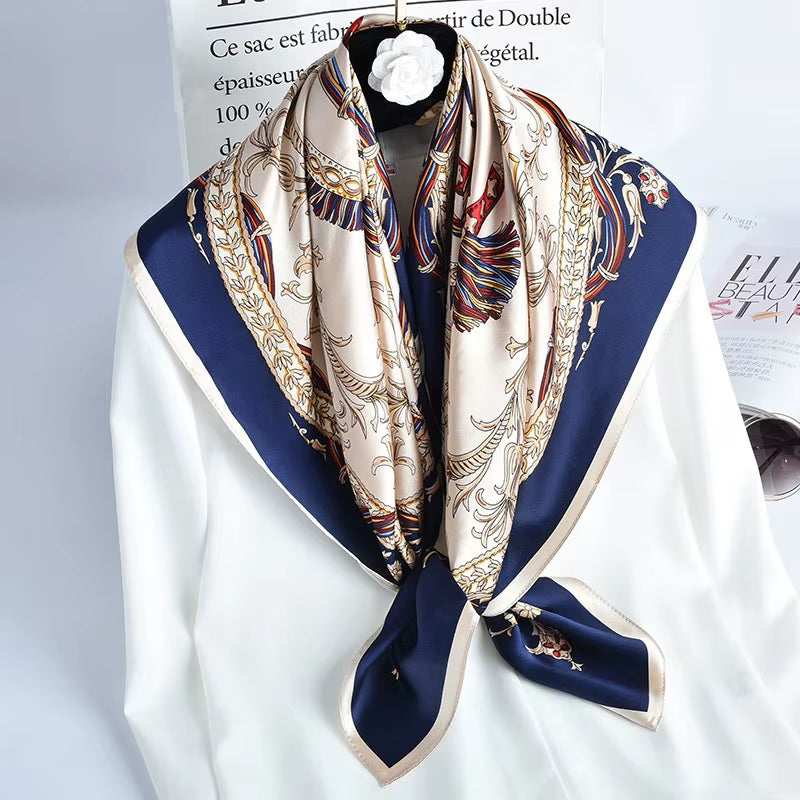 100% Natural Silk Square Scarf Women Luxury Designer Print Satin Head Scarf Large Bandana Pure Silk Scarf Echarpe Femme 88X88Cm