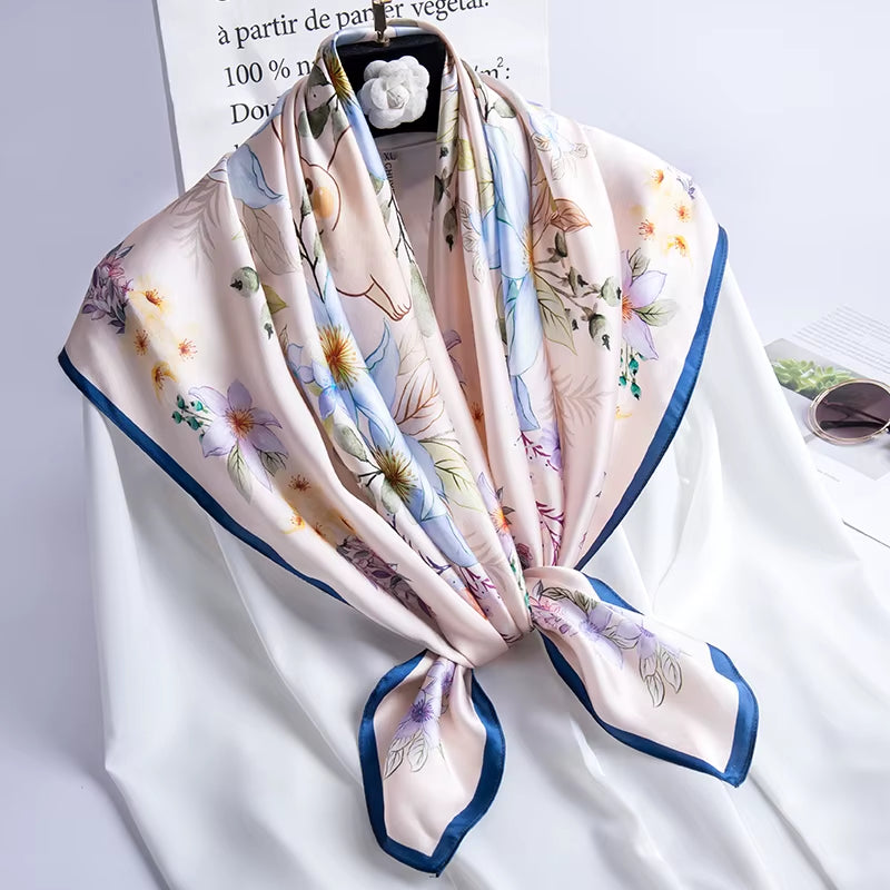 100% Natural Silk Square Scarf Women Luxury Designer Print Satin Head Scarf Large Bandana Pure Silk Scarf Echarpe Femme 88X88Cm